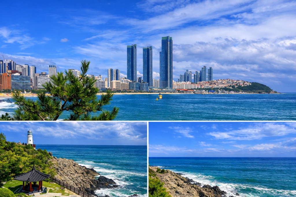 Haeundae coastline in Busan with LCT skyscrapers, blue ocean, and city skyline viewed from Dongbaekseom Island