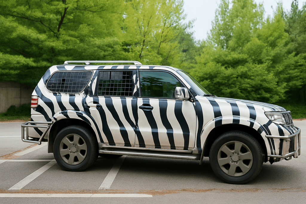 The zebra-striped safari vehicle used for Everland’s Dream Tour in Korea
