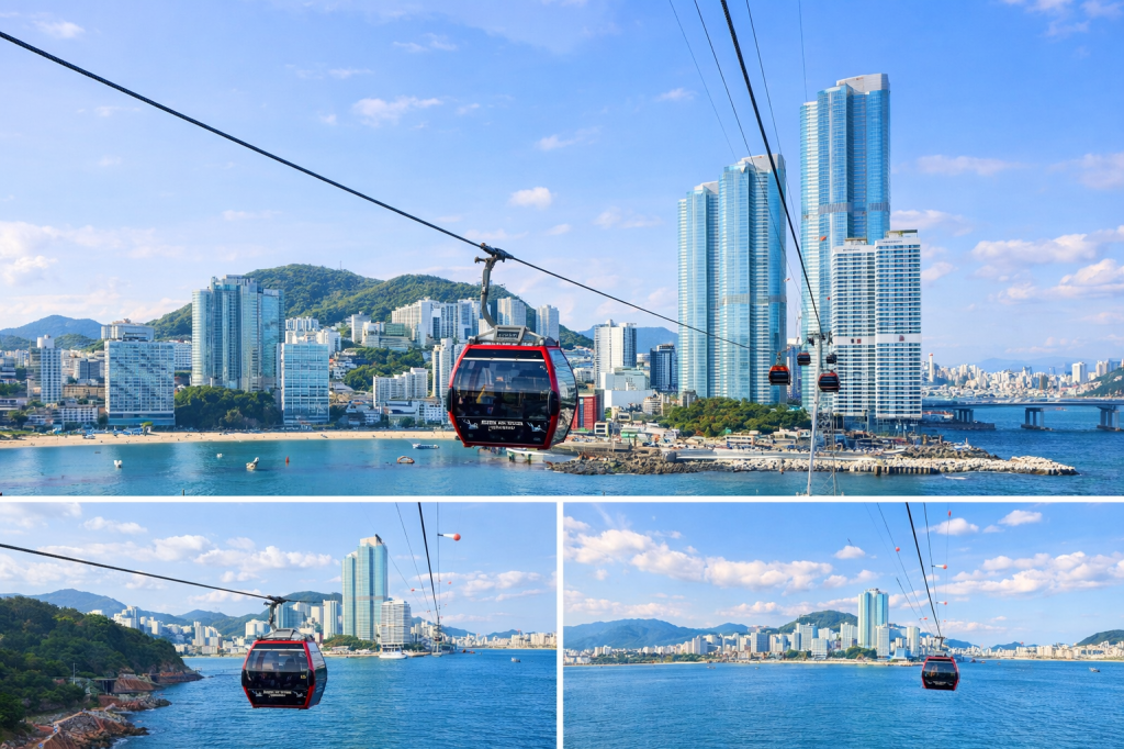 ongdo Marine Cable Car riding over the ocean in Busan, with bright blue water and modern city skyline in the background