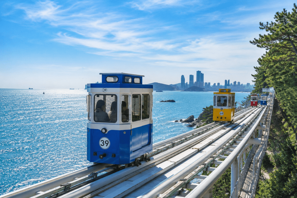 Busan Sky Capsule ocean railway near Haeundae Beach, a popular family attraction in Busan, South Korea