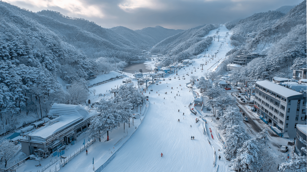 A wide ski slope at a winter resort near Seoul, surrounded by snow-covered mountains and resort buildings, with skiers descending gentle slopes
