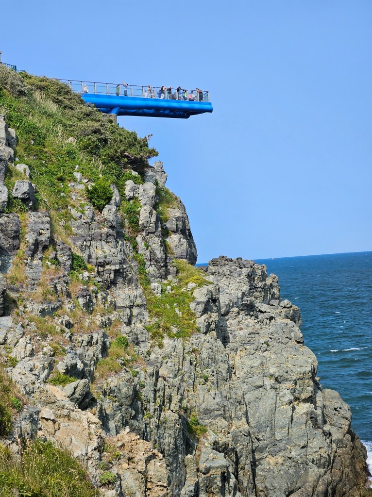 Oryukdo Skywalk extending over a coastal cliff in Busan, with visitors standing above the ocean and rocky shoreline