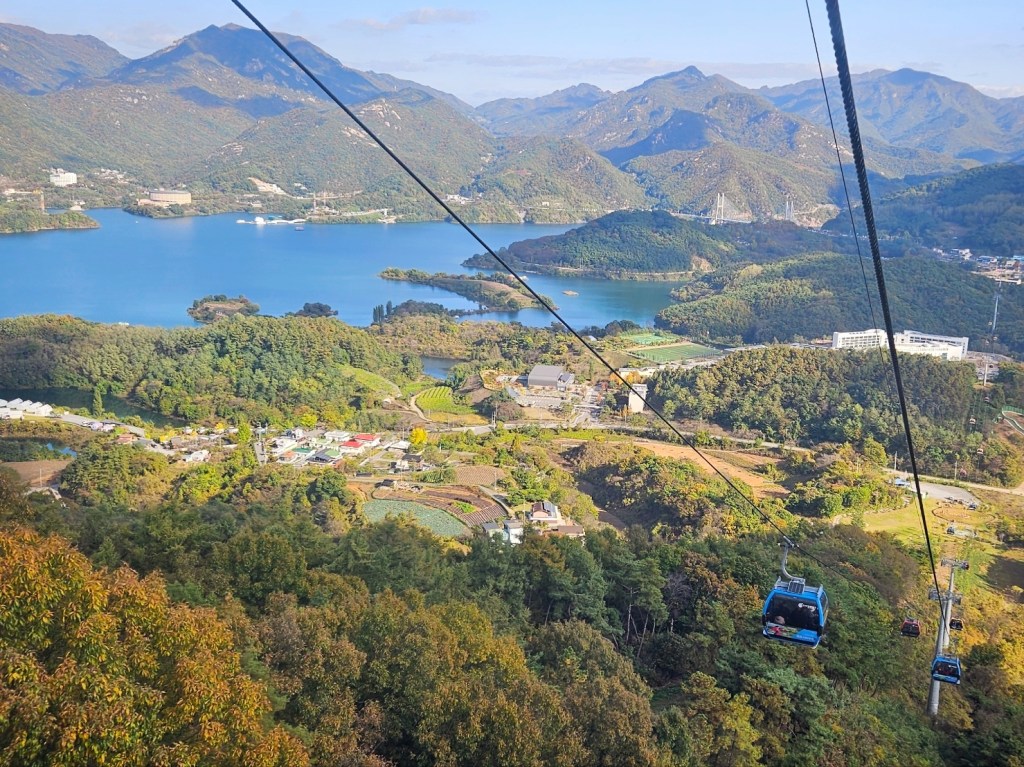 View of Cheongpung Lake and surrounding mountains from the Cheongpung Lake Cable Car in Jecheon, South Korea.