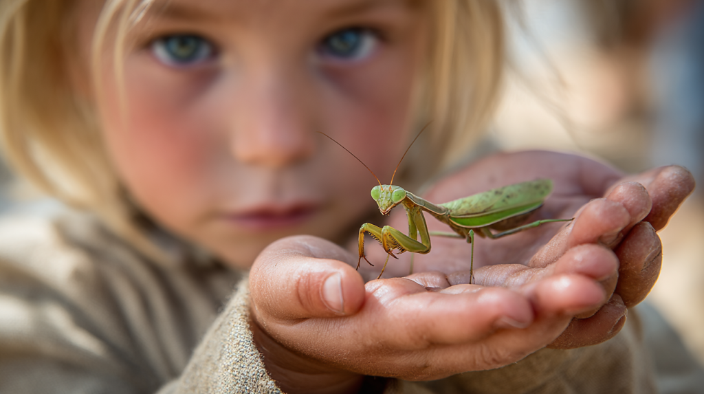 A praying mantis resting gently on a child’s open hand during a nature-based learning activity
