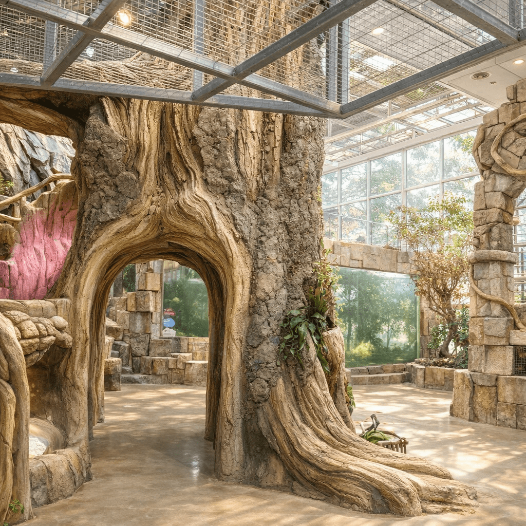 Bright indoor eco-friendly animal experience space with tree-shaped architecture in Osan Bird Park