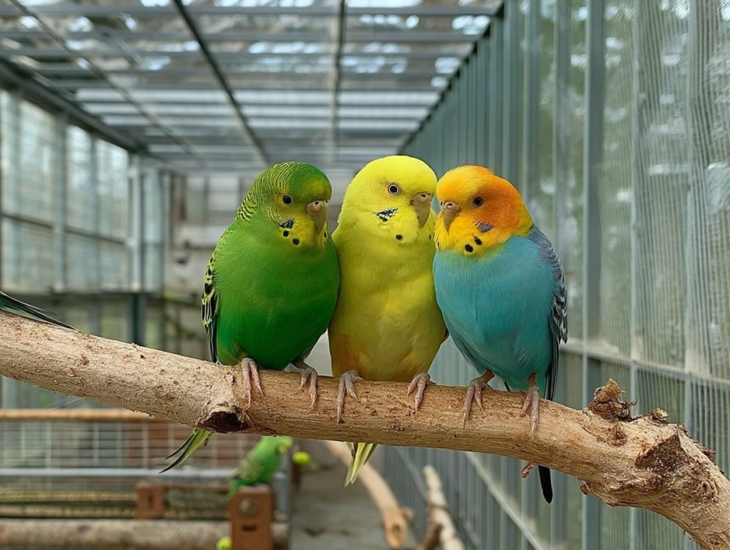 Colorful parakeets resting on a wooden branch inside an indoor aviary at Osan Bird Park