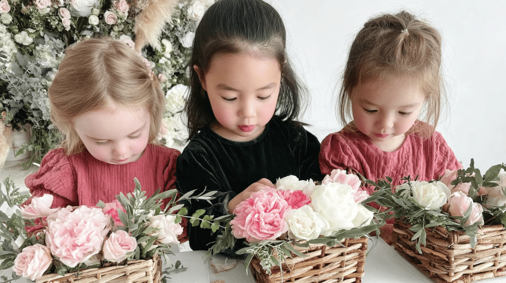 Children making flower baskets during an English hands-on class in Korea