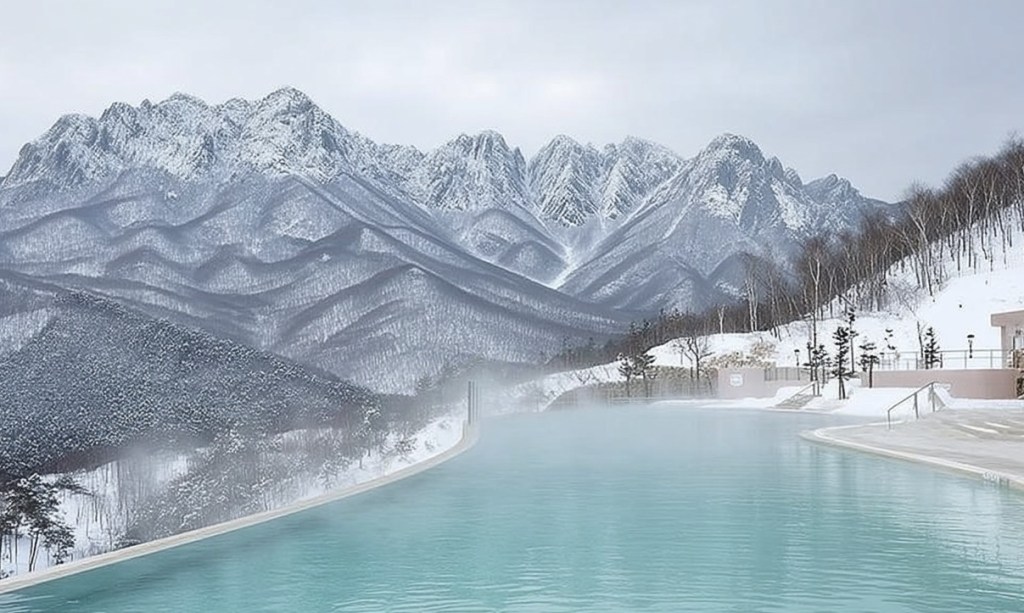 Outdoor infinity hot spring pool overlooking Ulsanbawi Rock in Seoraksan during winter, Gangwon-do, South Korea