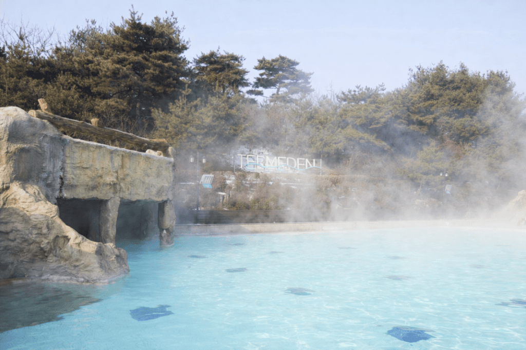 Winter outdoor hot spring near Seoul with warm thermal water and snowy surroundings