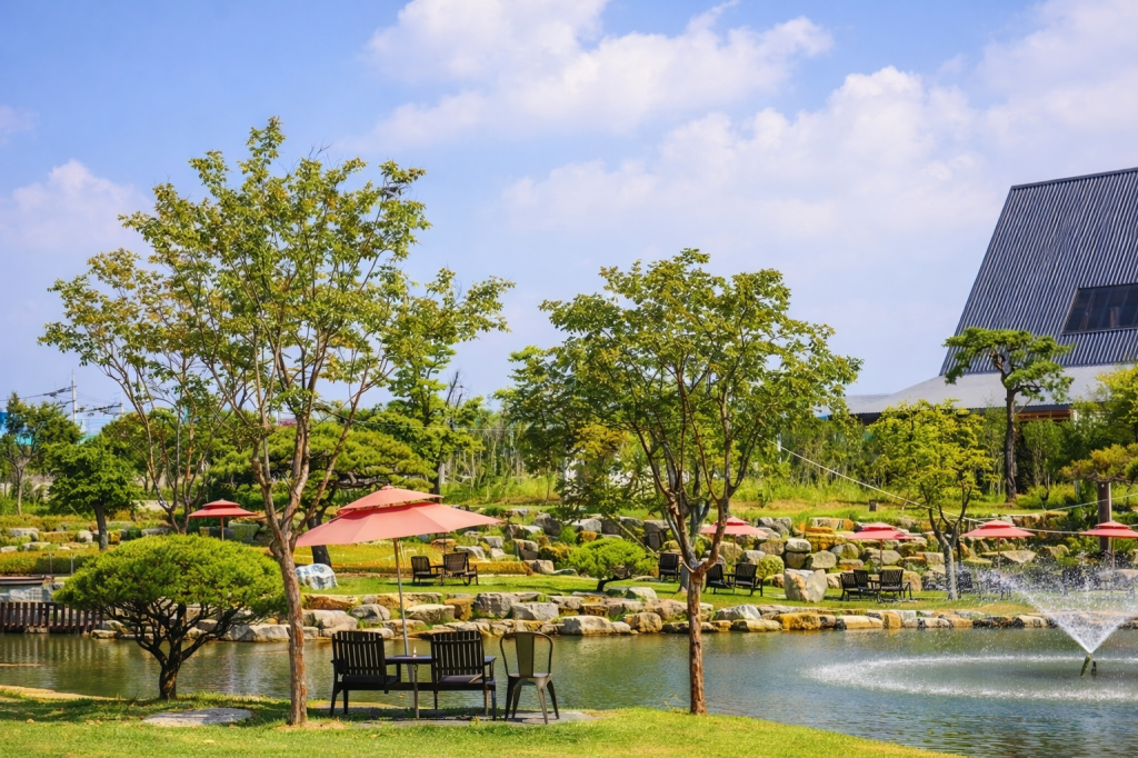 Outdoor garden cafe near Seoul with a pond, trees, and peaceful seating