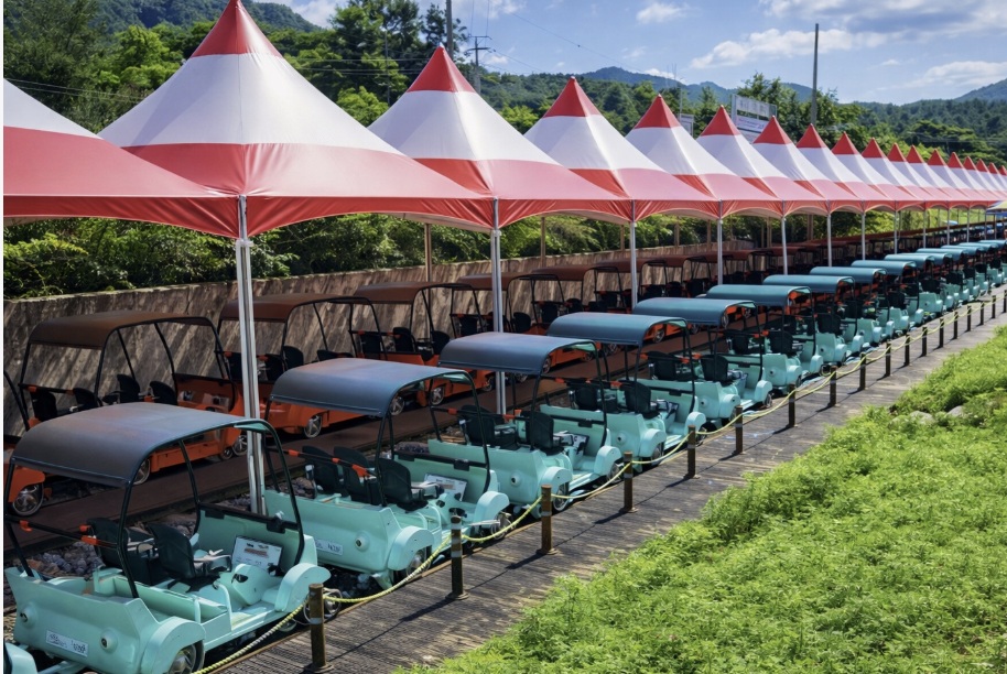 Kim Yujeong Rail Bike in Chuncheon with turquoise rail bikes lined up under red and white tents