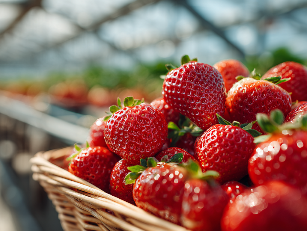 A basket filled with ripe red strawberries picked at a Korean smart farm, fresh and glossy fruit ready to eat during a winter strawberry picking experience