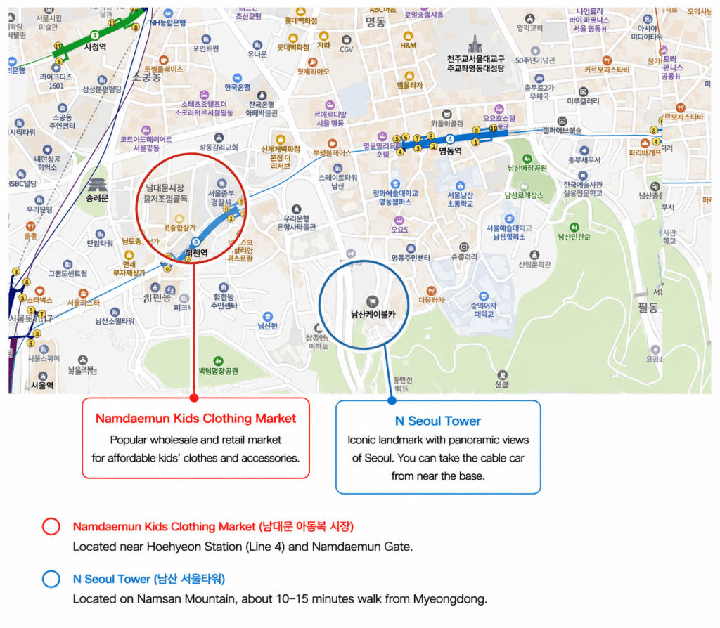 Walking route from Namdaemun Kids Market to N Seoul Tower