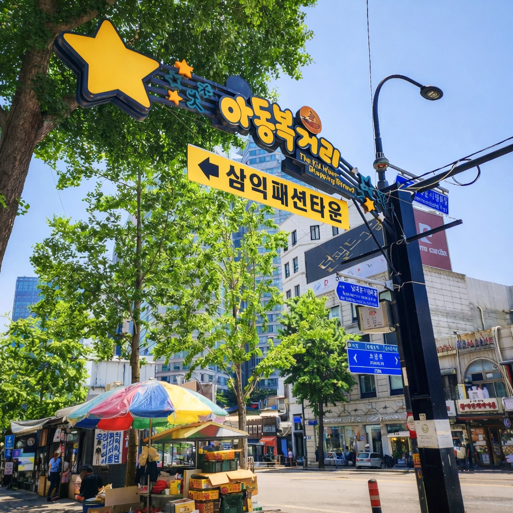 Entrance sign of Namdaemun Kids Clothing Street in Seoul with star-shaped landmark and street view on a sunny day