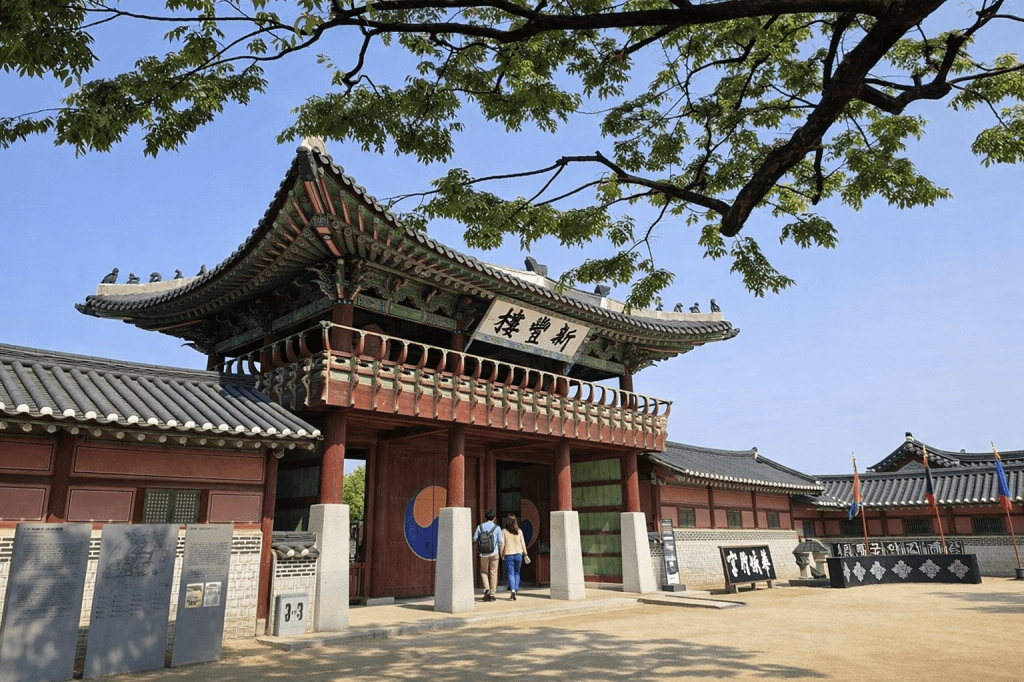 Visitors entering Hwaseong Haenggung gate in Suwon, traditional Korean architecture entrance