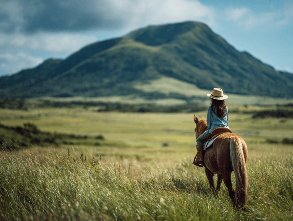 child horseback riding in jeju oreum landscape, wearing straw hat, back view, wide green field, soft natural light, cinematic composition, peaceful mood, realistic photography, high detail, shallow depth of field 