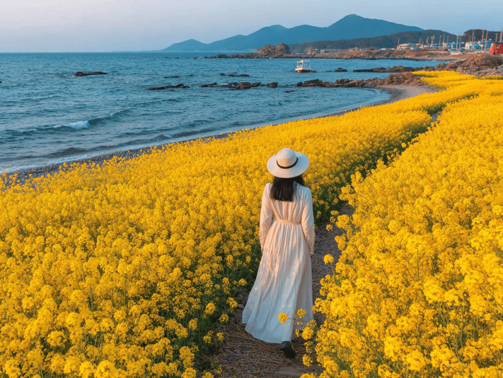 woman walking through canola flower field near ocean in jeju island, wearing white long dress and straw hat, back view, golden hour light, soft natural tones, cinematic composition, peaceful travel mood, ultra realistic, high detail, 85mm lens