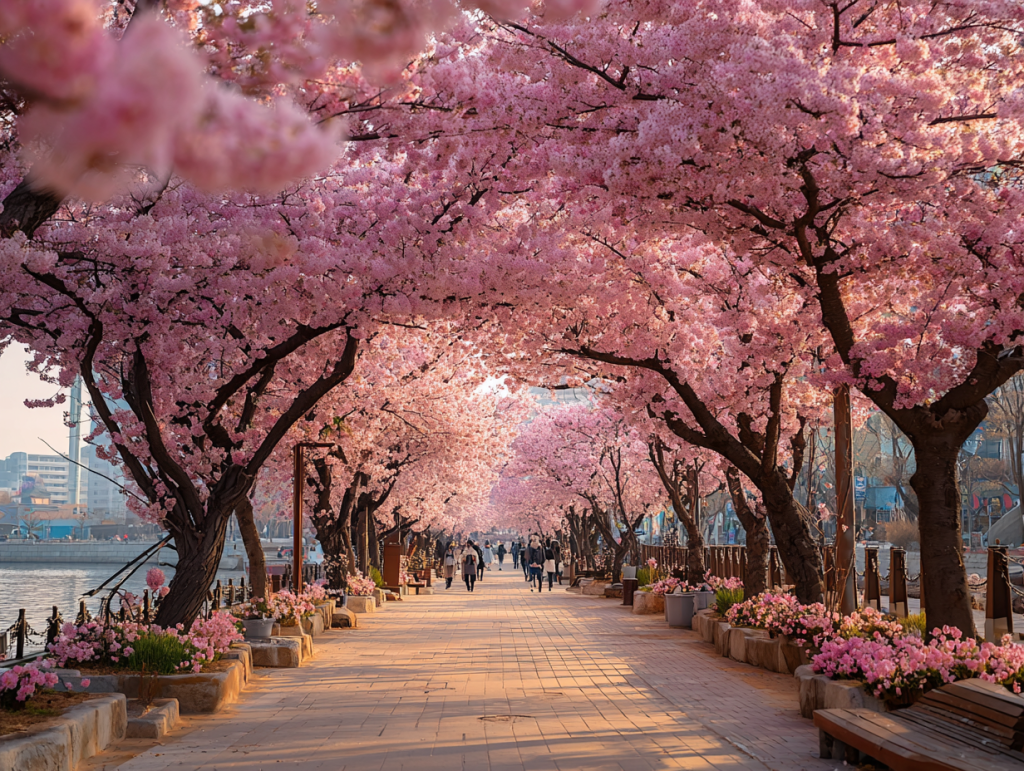Yeouido Hangang Park cherry blossoms along Yunjungno Road in Seoul, pink blossom tunnel with walking path and spring sunlight