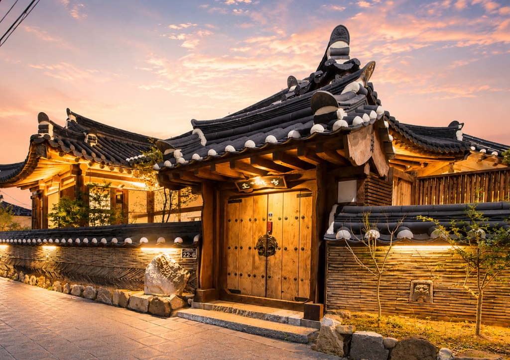 Traditional Korean hanok stay in Gyeongju near Hwangridan-gil at sunset