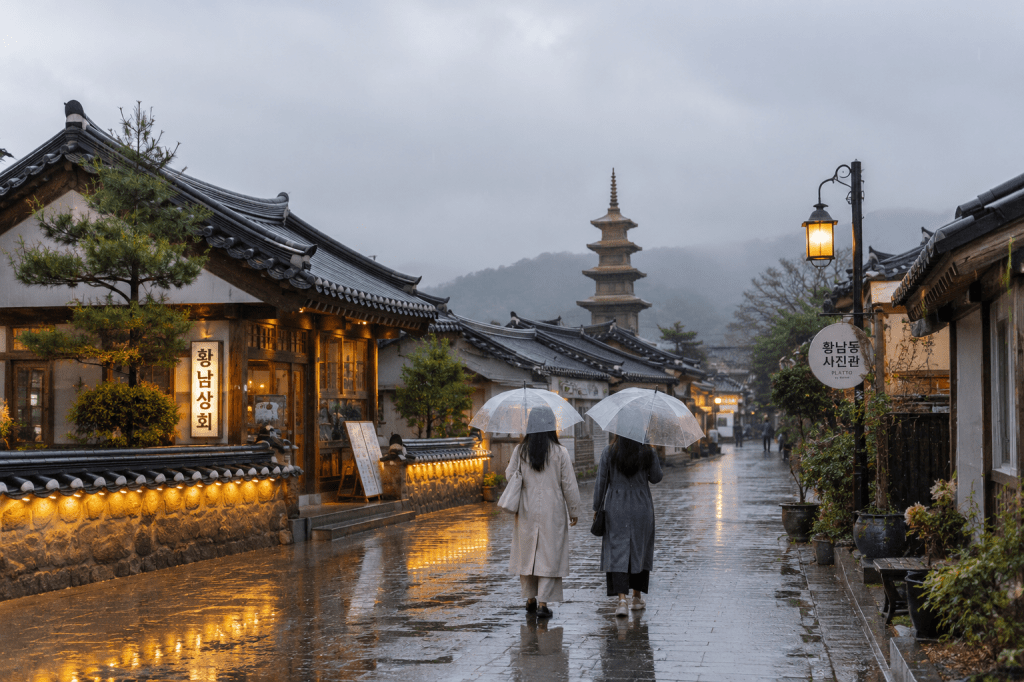 Rainy street in Gyeongju near traditional hanok buildings and family-friendly indoor attractions