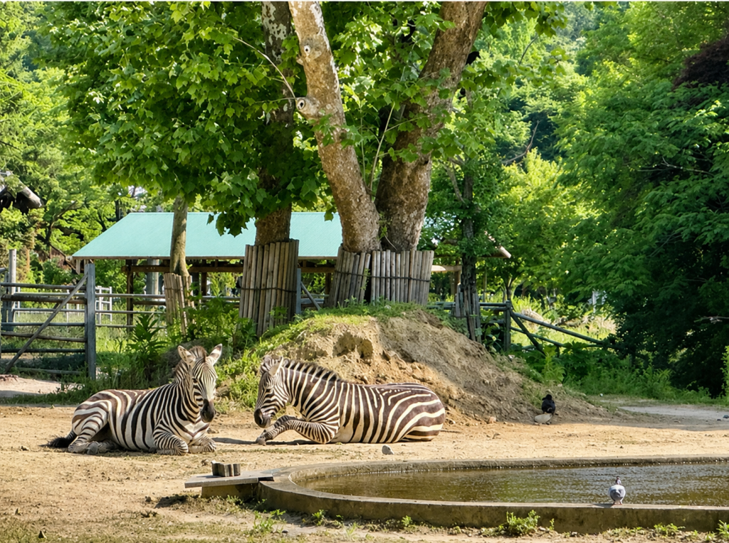 Zebras resting at Seoul Grand Park Zoo near Seoul Land, Korea