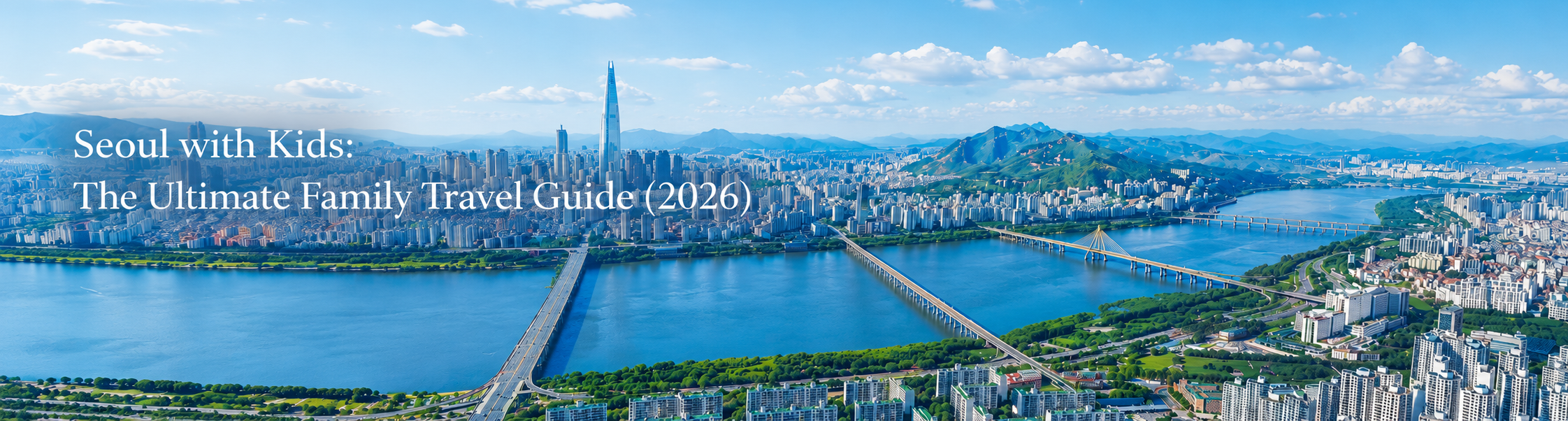 Seoul with Kids travel guide featuring the Han River, Seoul skyline, family attractions, hotels, and unique experiences in Korea